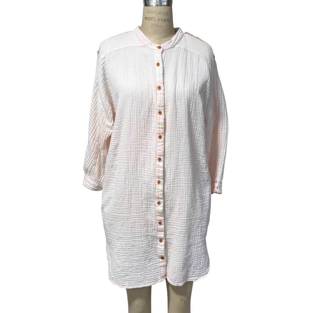 Acacia Pink Double Gauze Cotton Button Down Shirt Dress P/S Band Collar Relaxed